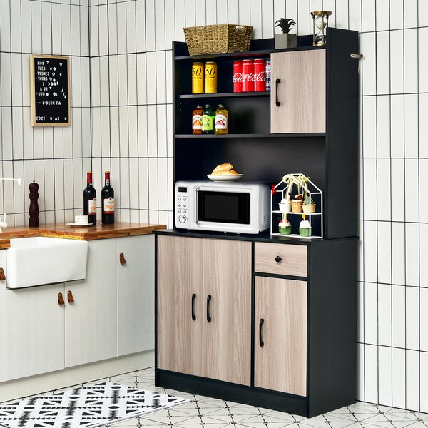 COSTWAY 180 cm vysoká kuchyňská skříňka s integrovanou nabíjecí stanicí, bufetový příborník s horní deskou, pracovní deskou, zásuvkou, 4 nastavitelnými policemi