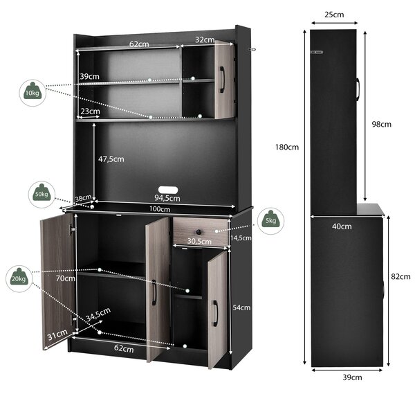 COSTWAY 180 cm vysoká kuchyňská skříňka s integrovanou nabíjecí stanicí, bufetový příborník s horní deskou, pracovní deskou, zásuvkou, 4 nastavitelnými policemi
