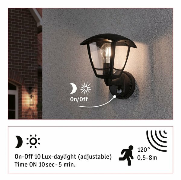 PAULMANN Venkovní nástěnné svítidlo Classic Curved pohybové čidlo IP44 hranaté 164x180mm max. 12W 230V černá umělá hmota
