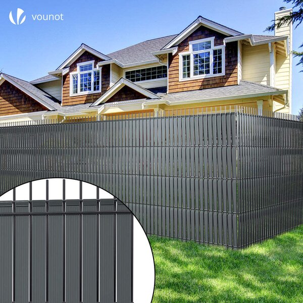 VOUNOT® krycí pásky pro plotové panely s dvojitými tyčemi, 150 m x 4,7 cm, PVC krycí plot se 300 sponkami, šedý