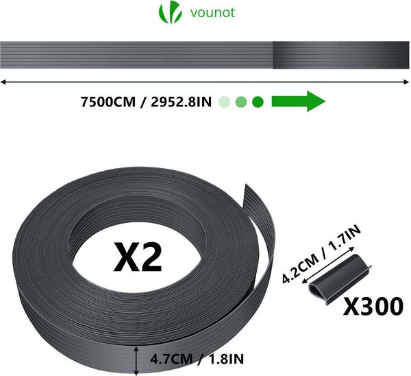 VOUNOT® krycí pásky pro plotové panely s dvojitými tyčemi, 150 m x 4,7 cm, PVC krycí plot se 300 sponkami, šedý