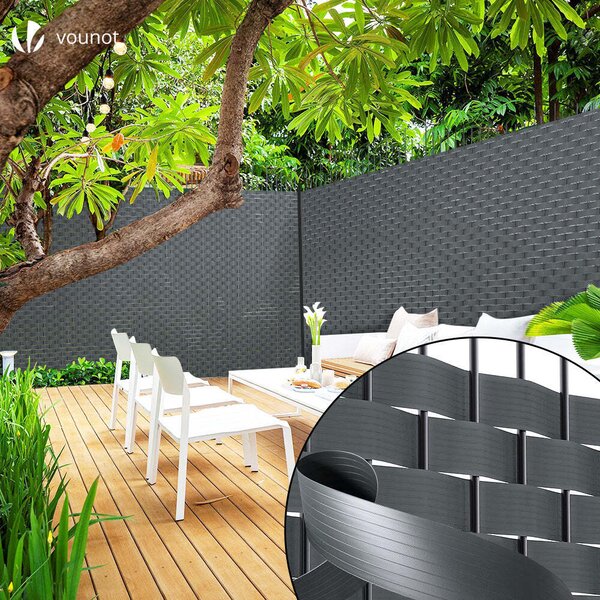 VOUNOT® krycí pásky pro plotové panely s dvojitými tyčemi, 150 m x 4,7 cm, PVC krycí plot se 300 sponkami, šedý