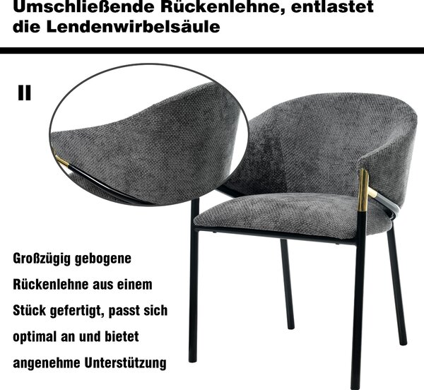 Flieks 2 jídelní židle z chenille, kuchyňské židle s madly ze zlaté nerezové oceli, čalouněné židle 56,5 x 56,5 x 78,5 cm, šedé