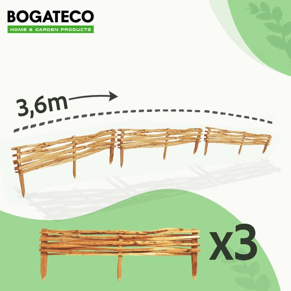 BOGATECO 3x zahradní plot z lískového dřeva 120 cm x 20 cm lemování záhonů lemování trávníku lemování záhonů dřevěné lemování záhonů plot | hnědý