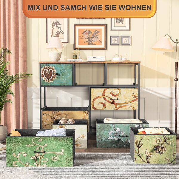 Komoda ProximaX se 7 zásuvkami, retro květinový vzor, pevný ocelový rám, látkové zásuvky, úložná skříňka do ložnice/obývacího pokoje, 100 x 30 x 78 cm