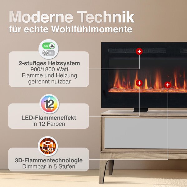 Elektrický krb KAMINIO MARLON - elektrický krb 3 v 1 s vytápěním, 3D efektem plamene, 12 barev plamene, dálkové ovládání - 60 palců