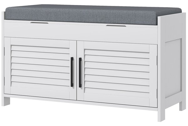 HOMCOM Botníková lavice s nastavitelné vnitřní policí na 3 úrovně, úzká botník z MDF s efektem lněné látky, 90x36x50 cm, bílá a šedá | Aosom