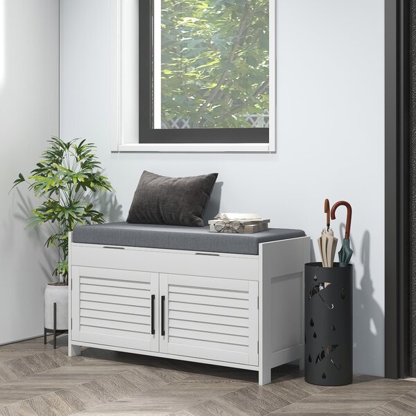 HOMCOM Botníková lavice s nastavitelné vnitřní policí na 3 úrovně, úzká botník z MDF s efektem lněné látky, 90x36x50 cm, bílá a šedá | Aosom