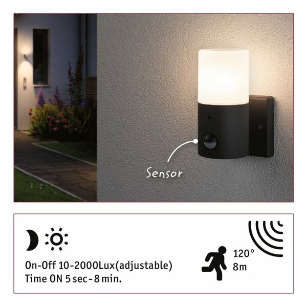 PAULMANN Venkovní nástěnné svítidlo Tubs pohybové čidlo IP44 kruhové 105x130mm max. 15W 230V šedá mat kov/umělá hmota