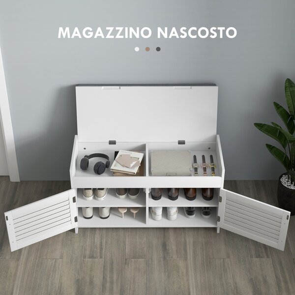 HOMCOM Botníková lavice s nastavitelné vnitřní policí na 3 úrovně, úzká botník z MDF s efektem lněné látky, 90x36x50 cm, bílá a šedá | Aosom