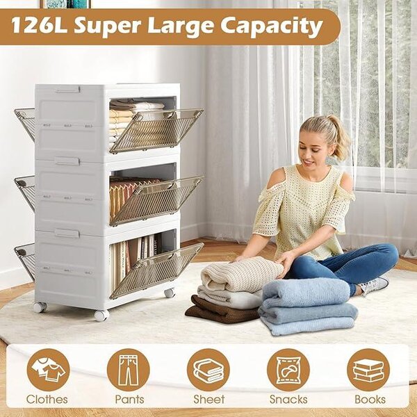 Třípatrové stohovatelné úložné kontejnery, plastové úložné boxy 126 l s kolečky a víkem, skládací šatní skříň, bílá, hnědá barva