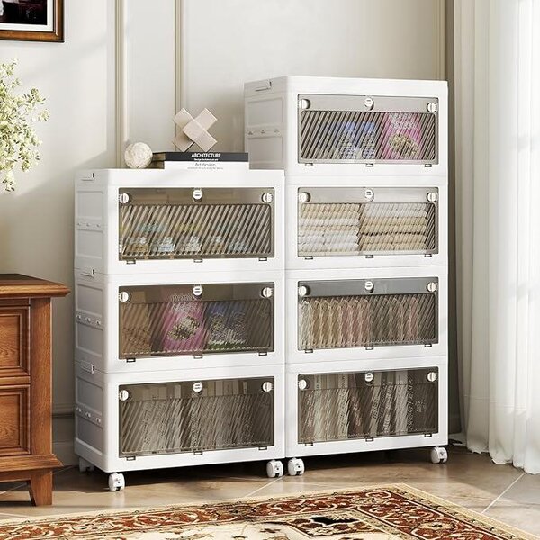 Třípatrové stohovatelné úložné kontejnery, plastové úložné boxy 126 l s kolečky a víkem, skládací šatní skříň, bílá, hnědá barva