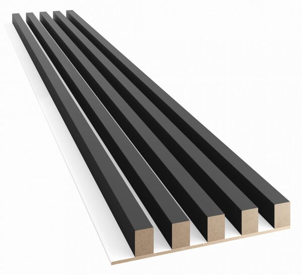 Akustický panel, podklad bílá MDF deska, široká lamela, černý mat, 30x275 cm