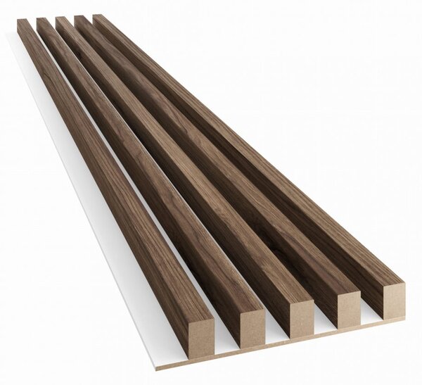 Akustický panel, podklad bílá MDF deska, široká lamela, ořech, 30x275 cm