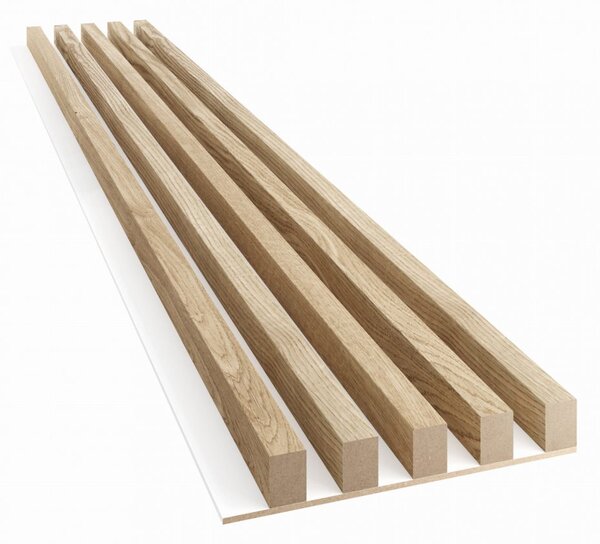 Akustický panel, podklad bílá MDF deska, široká lamela, dubová dýha, 30x275 cm