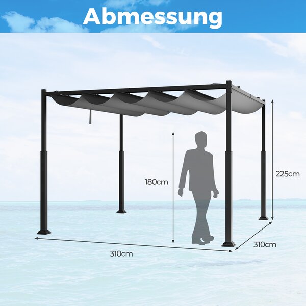 COSTWAY pergola s posuvnou střechou, 3,1x3,1m pavilon vodotěsný stabilní zimě odolný, zahradní pavilon s robustními kovovými sloupy