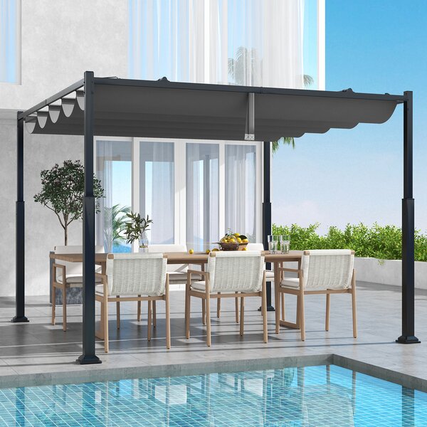 COSTWAY pergola s posuvnou střechou, 3,1x3,1m pavilon vodotěsný stabilní zimě odolný, zahradní pavilon s robustními kovovými sloupy