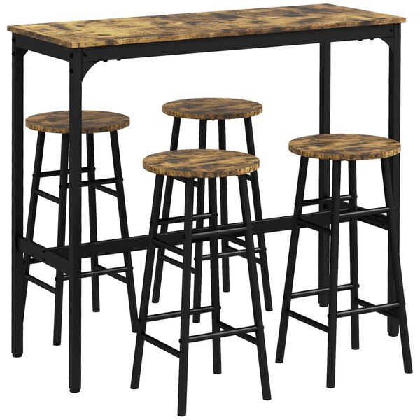 HOMCOM Obdélníkový stůl se 4 židlemi a 4 podnožkami z MDF a oceli, podnožky Ø30x60 cm a obdélníkový stůl 105x40x90 cm, černý a rustikální hnědý | Aoso