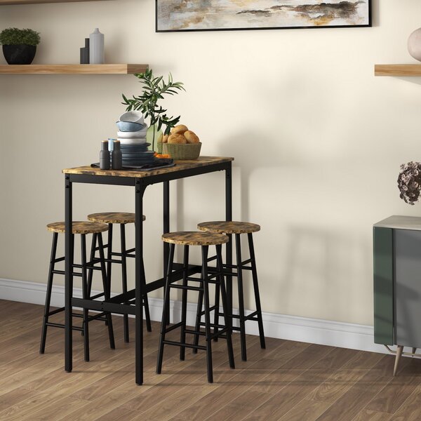 HOMCOM Obdélníkový stůl se 4 židlemi a 4 podnožkami z MDF a oceli, podnožky Ø30x60 cm a obdélníkový stůl 105x40x90 cm, černý a rustikální hnědý | Aoso