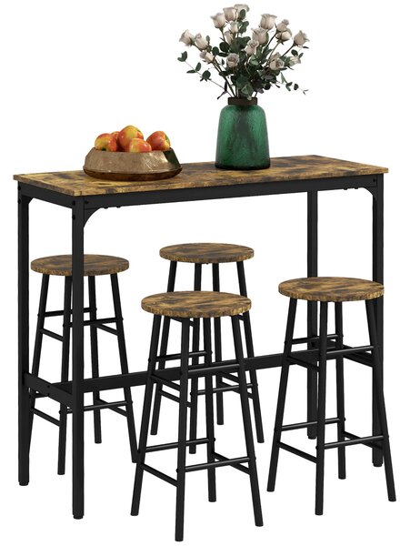 HOMCOM Obdélníkový stůl se 4 židlemi a 4 podnožkami z MDF a oceli, podnožky Ø30x60 cm a obdélníkový stůl 105x40x90 cm, černý a rustikální hnědý | Aoso