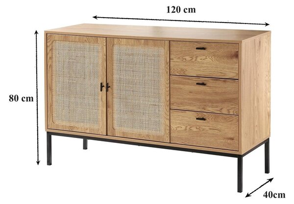 CALICOSY – příborník se 2 dvířky a 3 zásuvkami z ratanu, šířka 120 cm – JAYA