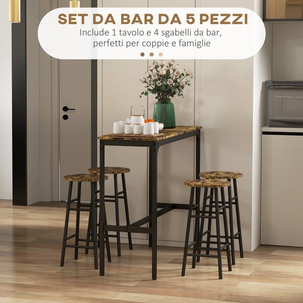 HOMCOM Obdélníkový stůl se 4 židlemi a 4 podnožkami z MDF a oceli, podnožky Ø30x60 cm a obdélníkový stůl 105x40x90 cm, černý a rustikální hnědý | Aoso