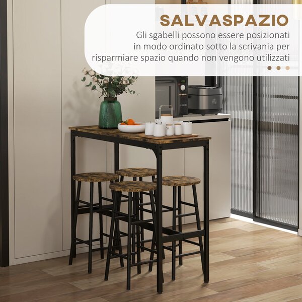 HOMCOM Obdélníkový stůl se 4 židlemi a 4 podnožkami z MDF a oceli, podnožky Ø30x60 cm a obdélníkový stůl 105x40x90 cm, černý a rustikální hnědý | Aoso