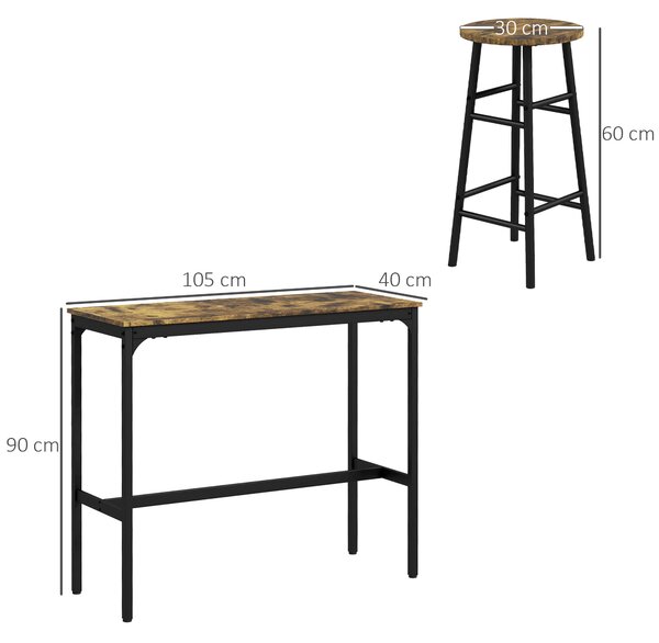 HOMCOM Obdélníkový stůl se 4 židlemi a 4 podnožkami z MDF a oceli, podnožky Ø30x60 cm a obdélníkový stůl 105x40x90 cm, černý a rustikální hnědý | Aoso