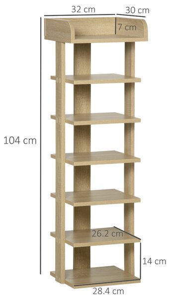 HOMCOM Vstupní dřevěný stojan na boty, organizátor s 6 policemi a horní policí, 32x30x104cm, Dub | Aosom