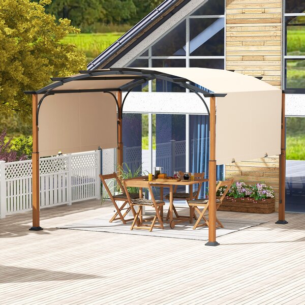 COSTWAY pergola s rozkládací střechou, 3,6x3m pavilon vodotěsný stabilní ziměodolný, zahradní pavilon s robustními kovovými sloupy béžové barvy