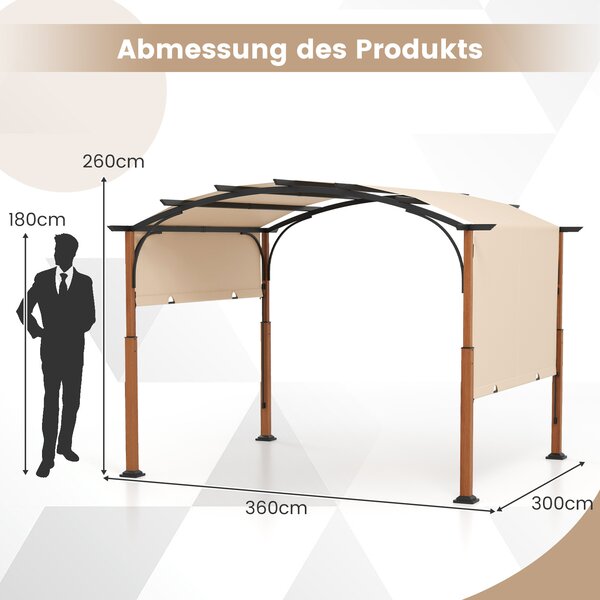 COSTWAY pergola s rozkládací střechou, 3,6x3m pavilon vodotěsný stabilní ziměodolný, zahradní pavilon s robustními kovovými sloupy béžové barvy