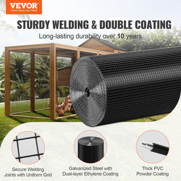 VEVOR drát pro voliéry 61 x 3048 cm, zahradní plot, role z drátěného pletiva 1,06 mm, drátěný plot s vinylovým povrchem pro zábrany kurníků, ohrady pro králíky a hady, ohrady pro drůbež