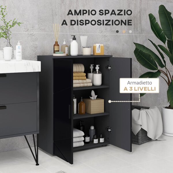 Kleankin Úsporný dřevěný koupelnový skříň s 2 dveřmi a tichým zavíráním, 60x30x82cm, Černý | Aosom