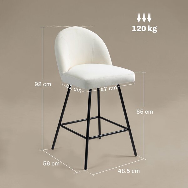 HOMCOM Sada 2 Barových Židlí s Velurovým Opěradlem, Vysoké Židle s Opěrkou Nohou pro Kuchyňský Ostrov a Barový Pult, 48,5x56x92 cm, Krémově Bílá | Aos