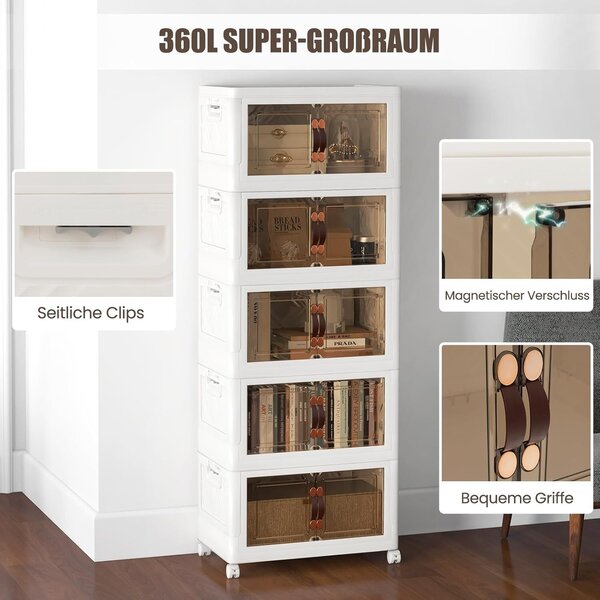 COSTWAY Skládací box s víkem, úložný box 316 L, sada 5 stohovatelných plastových boxů, 59,5 x 37,5 x 170 cm, bílý