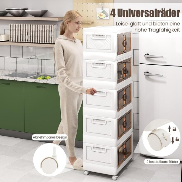 COSTWAY Skládací box s víkem, úložný box 316 L, sada 5 stohovatelných plastových boxů, 59,5 x 37,5 x 170 cm, bílý
