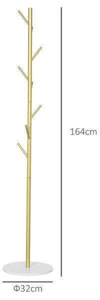 HOMCOM Volně stojící věšák na kabáty se 8 háčky a mramorovou základnou, ocelový věšák pro předsíň a ložnici, Ø32 x 164 cm, Zlatý | Aosom