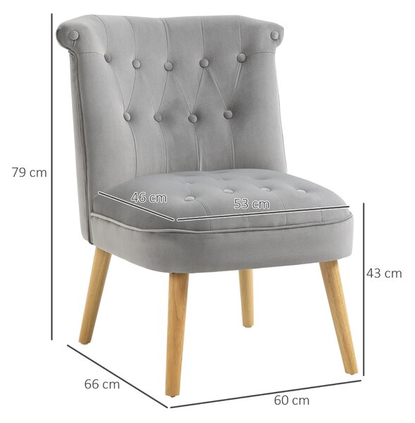 HOMCOM Čalouněné Křeslo do Obývacího Pokoje a Jídelny s Dřevěnými Nohy a Sametovým Efektem, 60x66x79 cm, Šedé | Aosom