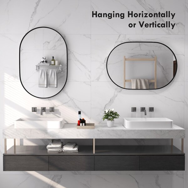 HOMCOM Oválné Koupelnové Zrcadlo 60x90cm z Tepelného Skla, Moderní Nástěnné Zrcadlo s Hliníkovým Rámem, Vertikální/Horizontální Montáž, pro Ložnici, P