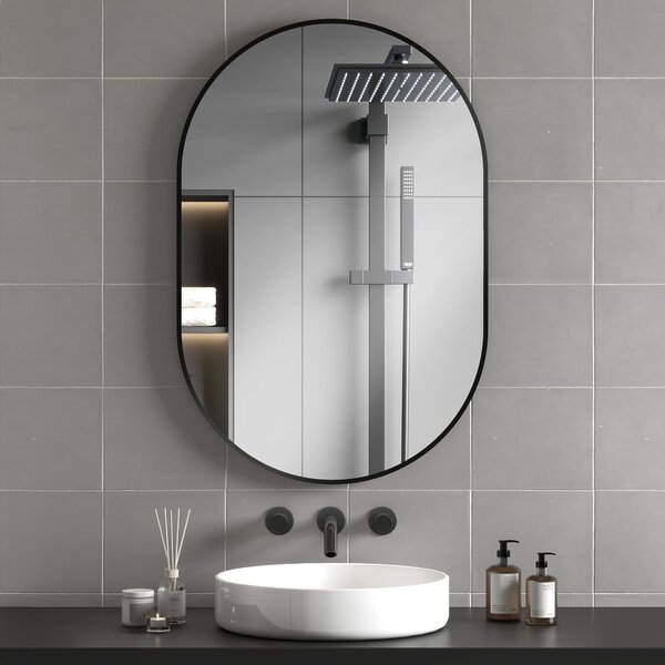 HOMCOM Oválné Koupelnové Zrcadlo 60x90cm z Tepelného Skla, Moderní Nástěnné Zrcadlo s Hliníkovým Rámem, Vertikální/Horizontální Montáž, pro Ložnici, P