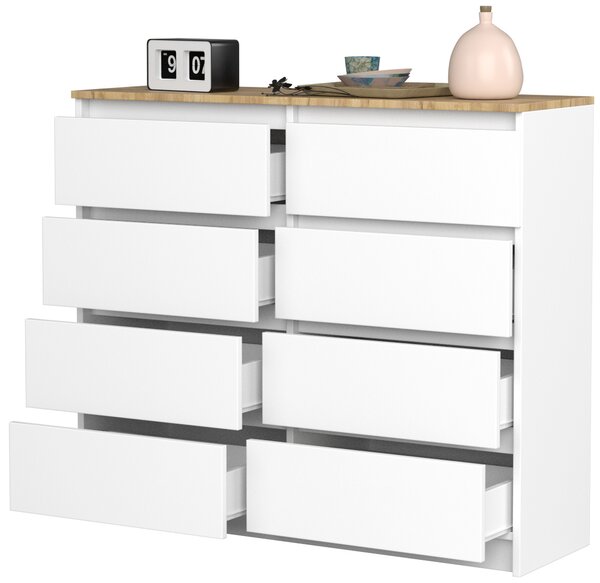 VBChome Komoda s 8 zásuvkami bílá s dubem 120 x 39 x 105 cm Komoda bez úchytek dřevo víceúčelová skříň víceúčelová skříň do předsíně
