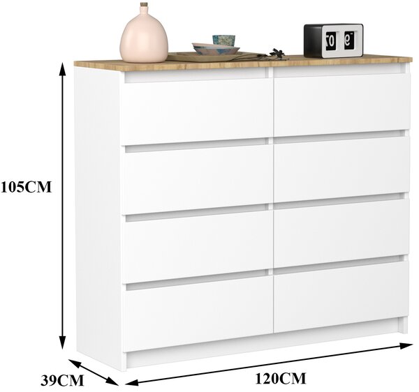 VBChome Komoda s 8 zásuvkami bílá s dubem 120 x 39 x 105 cm Komoda bez úchytek dřevo víceúčelová skříň víceúčelová skříň do předsíně