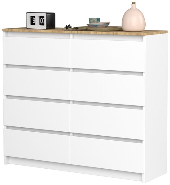 VBChome Komoda s 8 zásuvkami bílá s dubem 120 x 39 x 105 cm Komoda bez úchytek dřevo víceúčelová skříň víceúčelová skříň do předsíně