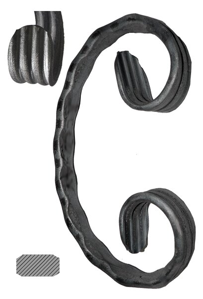 K 5111 - kované céčko, kovaný prvek, element C , ozdoba kovaná céčka pro kovářské ploty, brány, branky, zábradlí a mříže rozměr: 130x80, 12x6 mačkané