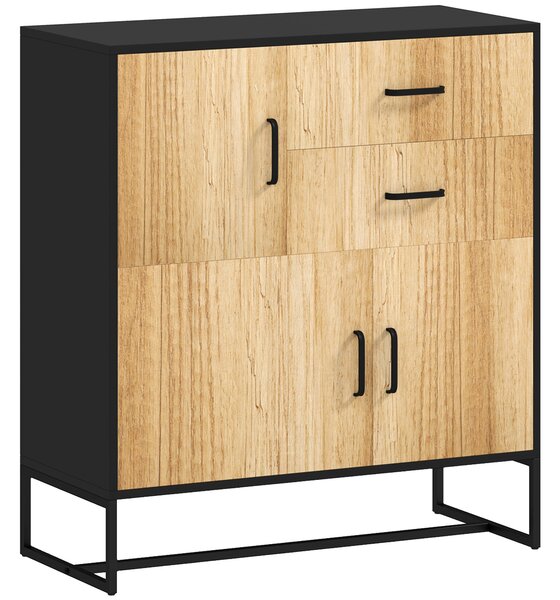 HOMCOM Moderní komoda se 3 skříněmi a 2 zásuvkami, víceúčelová komoda z dřevotřísky a oceli, 80x35x85 cm, Černá a dřevěná barva | Aosom