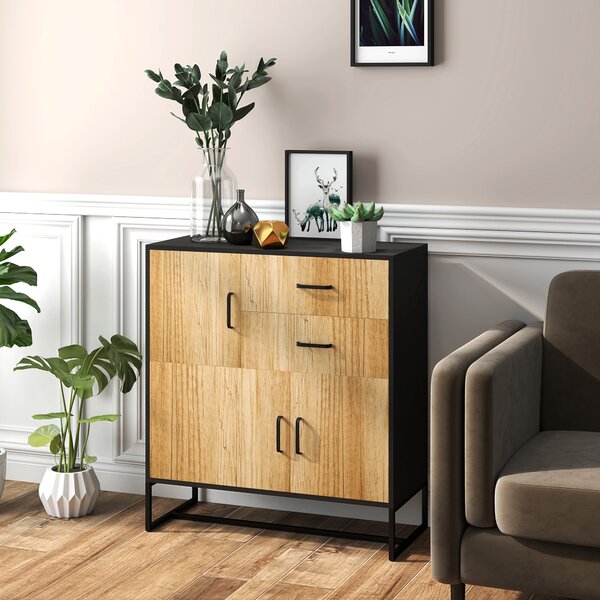 HOMCOM Moderní komoda se 3 skříněmi a 2 zásuvkami, víceúčelová komoda z dřevotřísky a oceli, 80x35x85 cm, Černá a dřevěná barva | Aosom