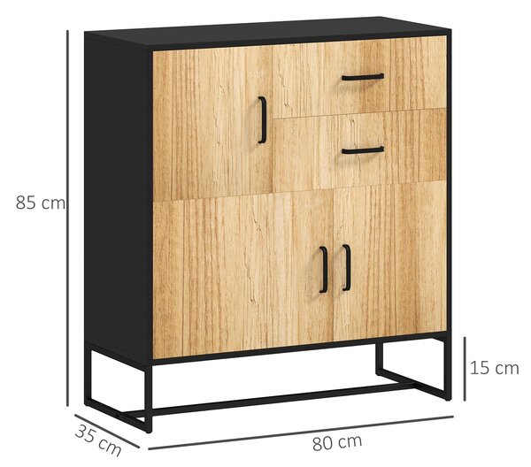 HOMCOM Moderní komoda se 3 skříněmi a 2 zásuvkami, víceúčelová komoda z dřevotřísky a oceli, 80x35x85 cm, Černá a dřevěná barva | Aosom