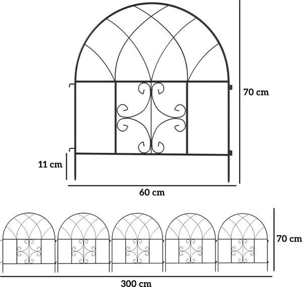 Fortuna Lai Zahradní plot Ocelový plot 300 cm x 70 cm vysoký Dekorativní mřížový plot Sada plotových prvků Zahradní plot Horní oblouk Plot pro psy Plot pro psy do zahrady Květinové záhony Bariéra pro zvířata Venkovní použití Černý