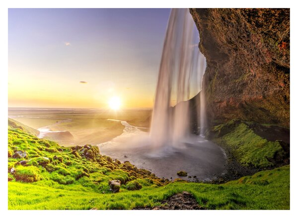 Skleněný obraz - Seljalandsfoss zpoza nitra jeskyně (70x50 cm)