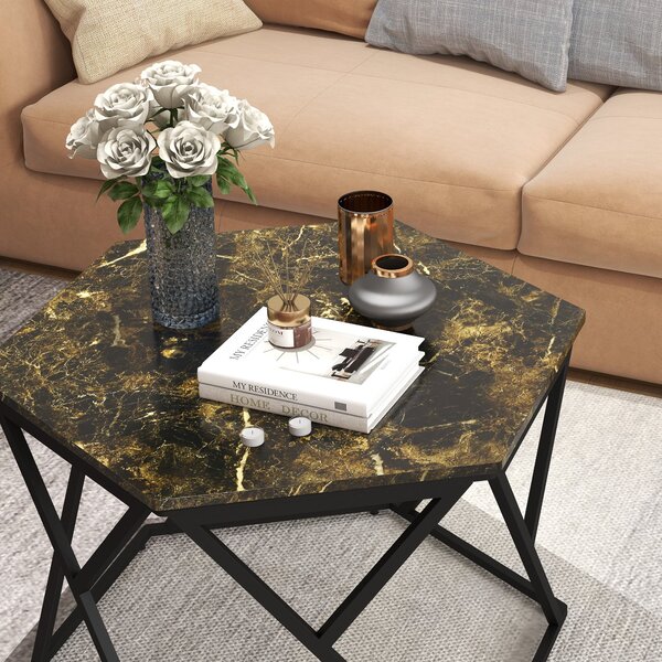 HOMCOM Moderní konferenční stolek s faux mramorovou deskou a MDF a ocelovou konstrukcí, 81x70x51,2cm, Černý | Aosom